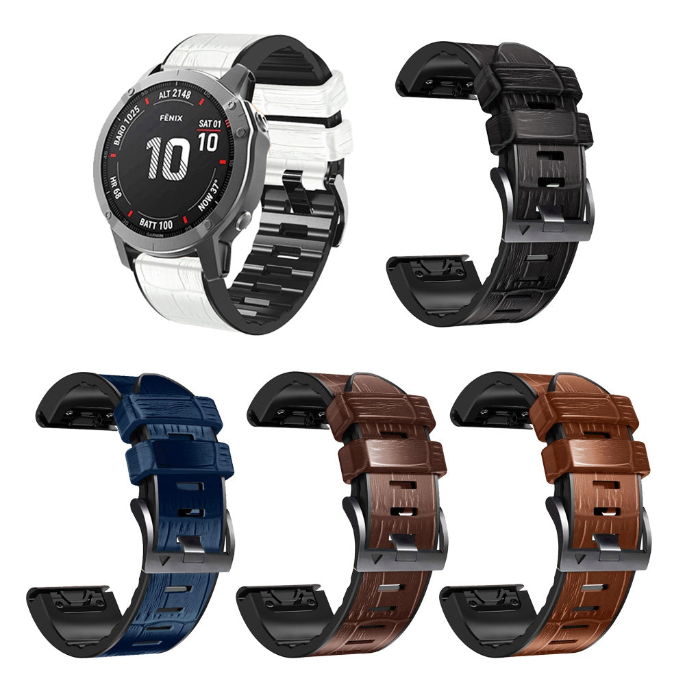 For Garmin Fenix 7/6 Pro/5 Plus Replacement Watch Strap 22mm Crocodile Texture Leather Coated Silicone Wrist Band - Coffee