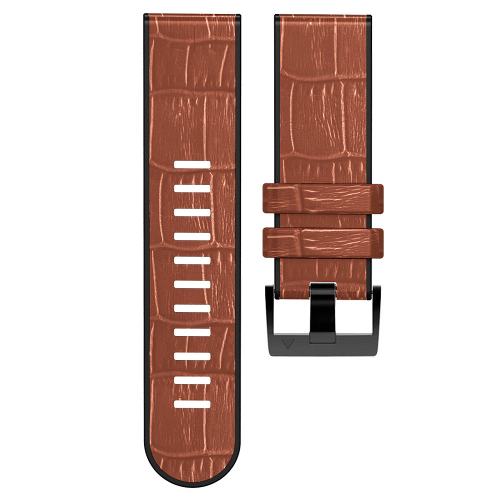 For Garmin Fenix 7/6 Pro/5 Plus Replacement Watch Strap 22mm Crocodile Texture Leather Coated Silicone Wrist Band - Brown