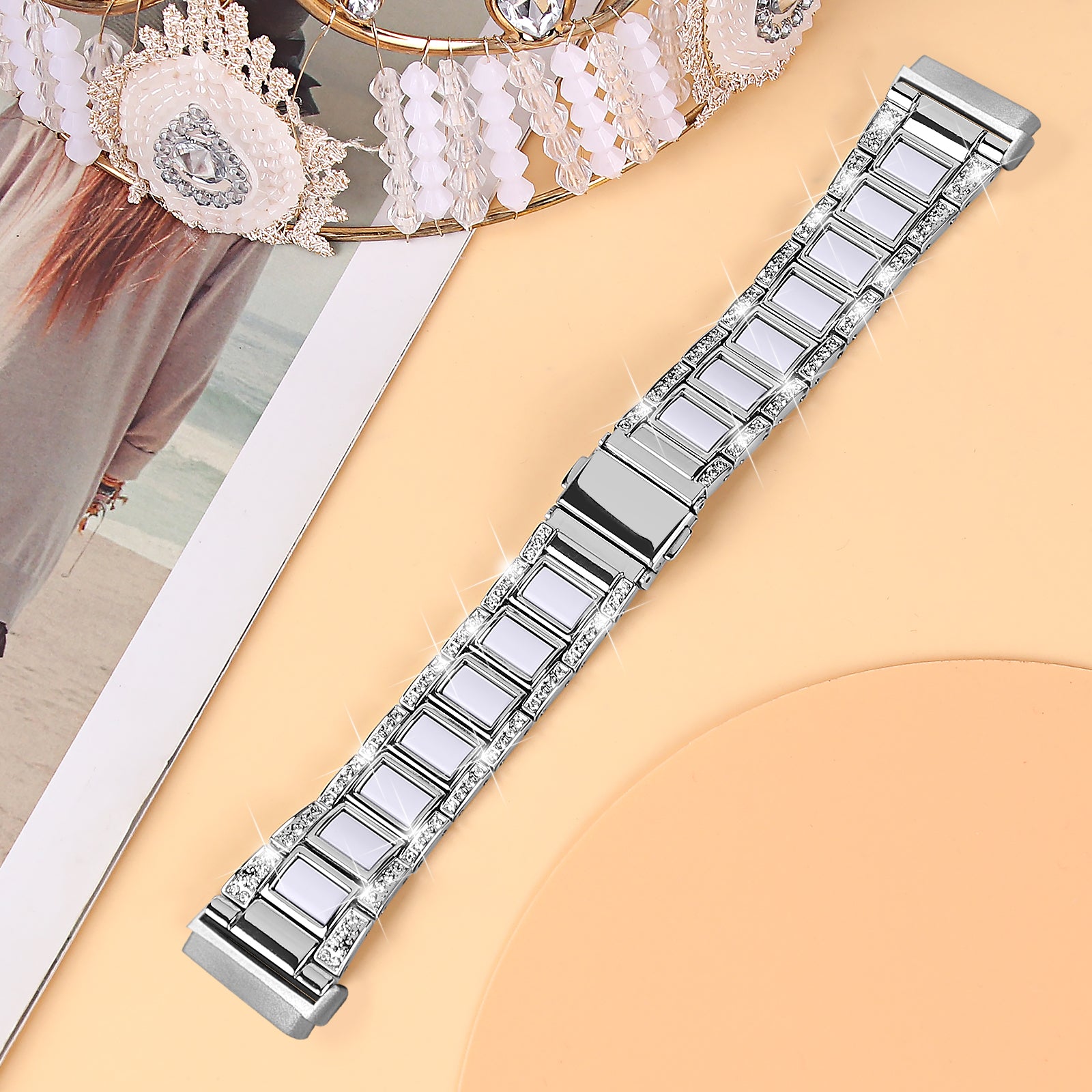 For Fitbit Versa 3/Sense Stainless Steel Resin Watch Band Stylish Rhinestone Decor Wrist Strap Replacement - Silver/White