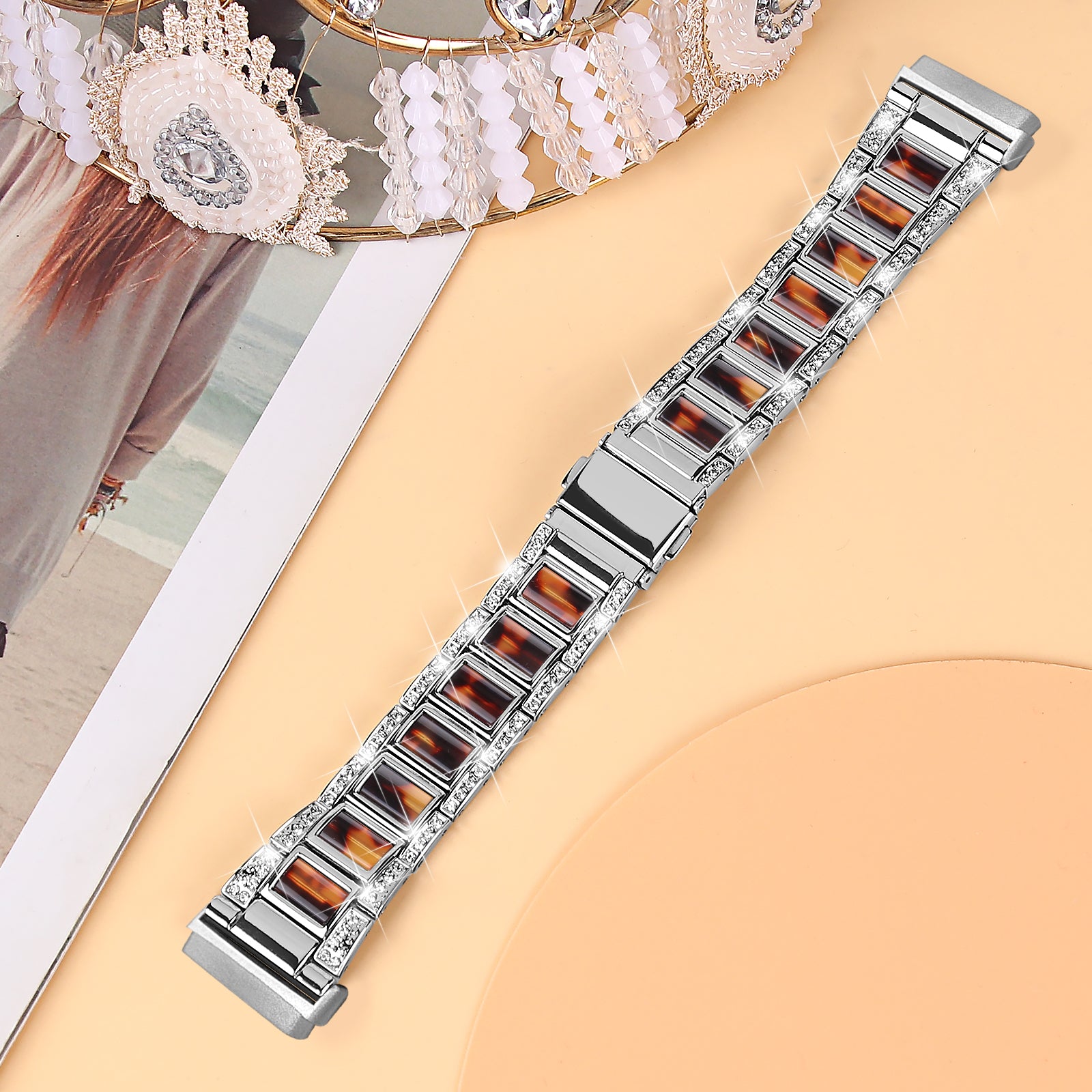 For Fitbit Versa 3/Sense Stainless Steel Resin Watch Band Stylish Rhinestone Decor Wrist Strap Replacement - Silver/Tortoiseshell Color