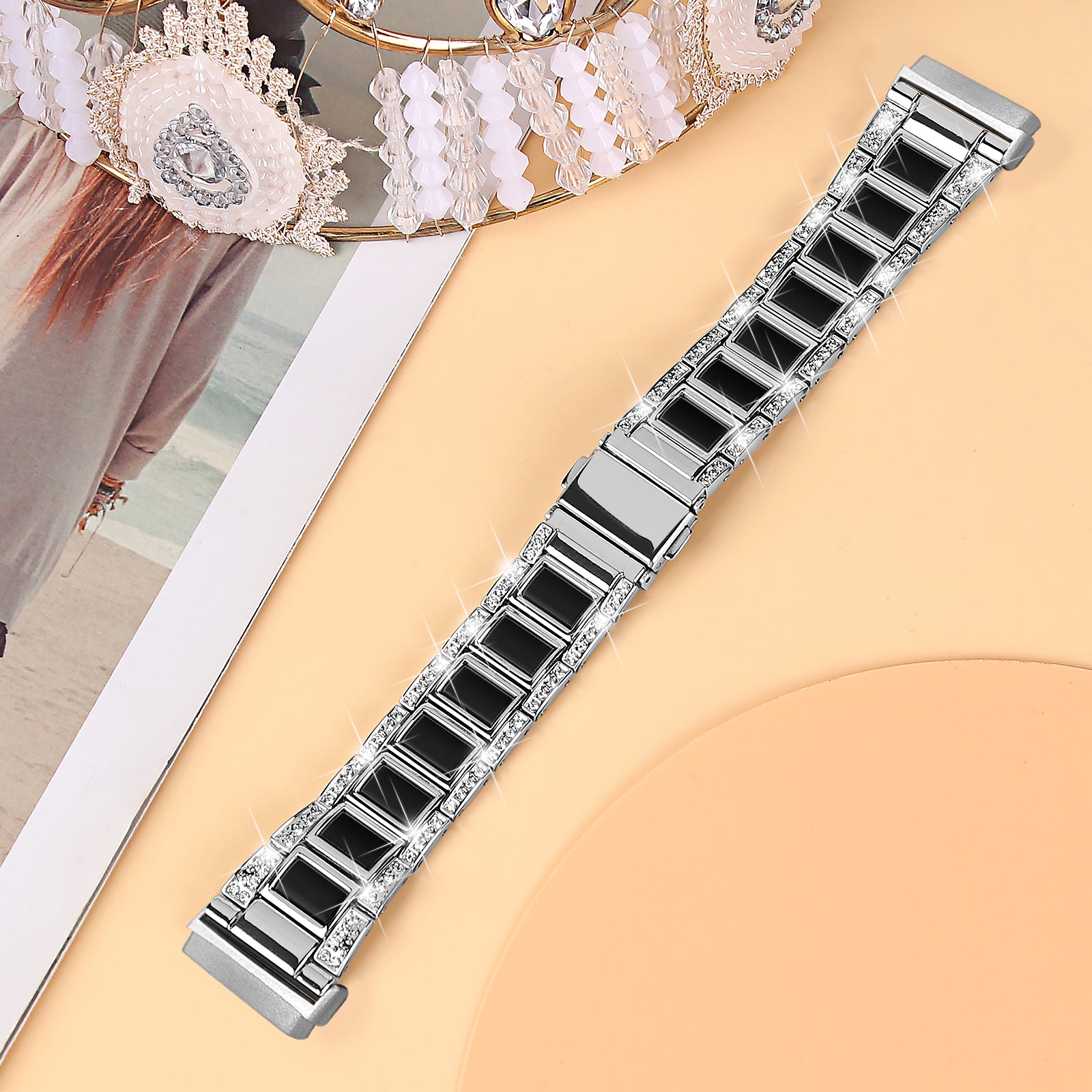 For Fitbit Versa 3/Sense Stainless Steel Resin Watch Band Stylish Rhinestone Decor Wrist Strap Replacement - Silver/Black