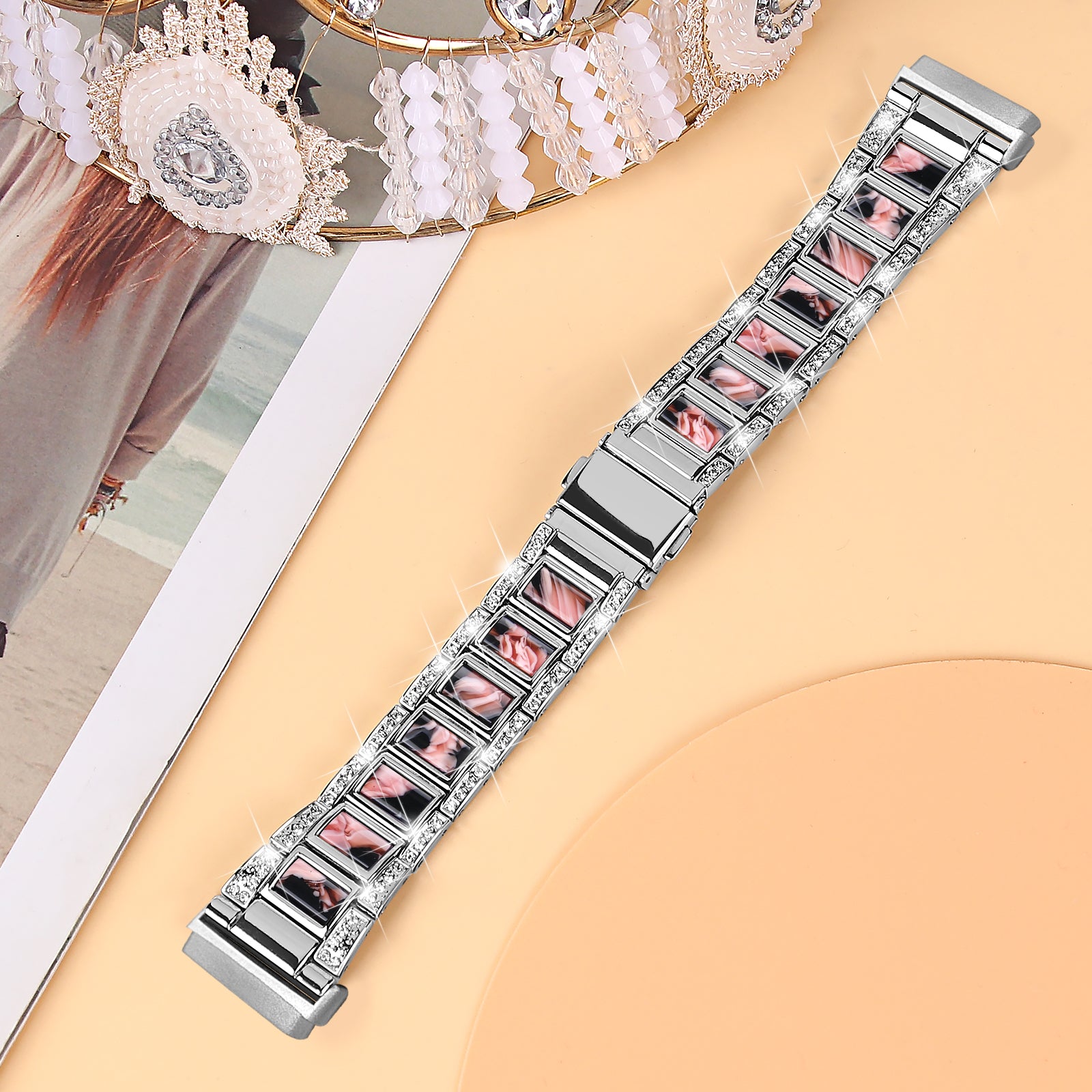 For Fitbit Versa 3/Sense Stainless Steel Resin Watch Band Stylish Rhinestone Decor Wrist Strap Replacement - Silver/Black Pink Mix