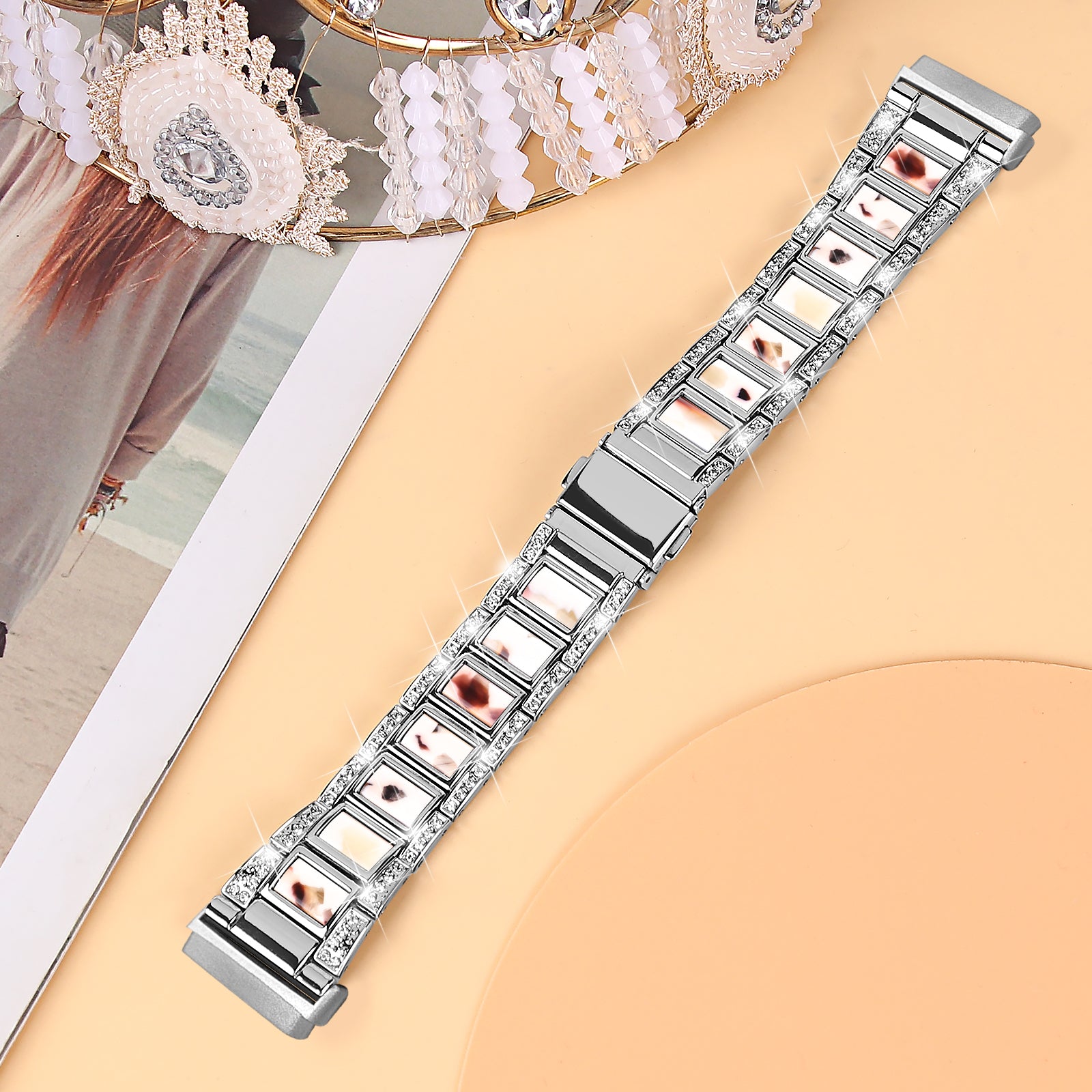 For Fitbit Versa 3/Sense Stainless Steel Resin Watch Band Stylish Rhinestone Decor Wrist Strap Replacement - Silver/Nougat Pattern