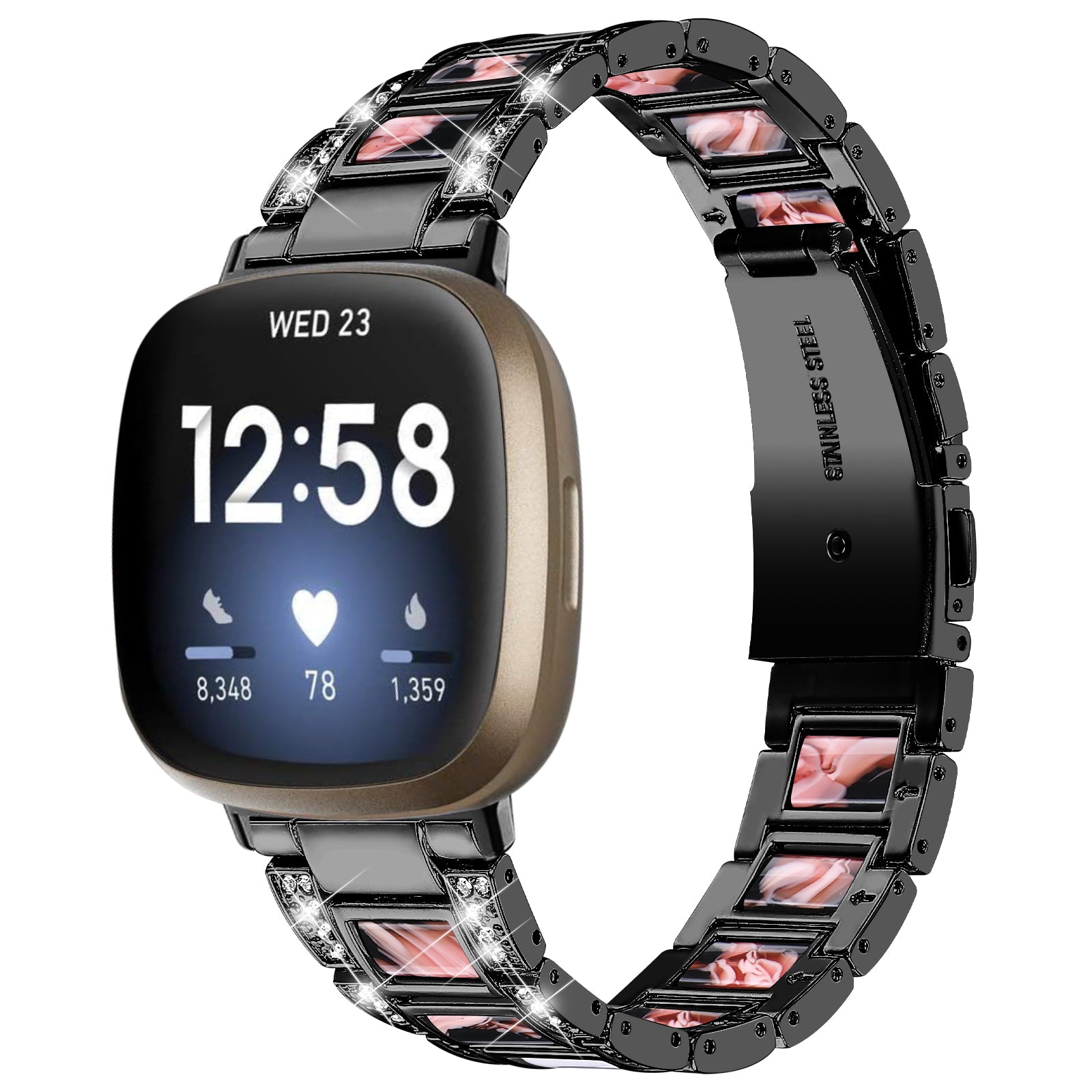 For Fitbit Versa 3 / Sense Stainless Steel Resin Smart Watch Band Replacement Rhinestone Decor Fashionable Wrist Strap - Black / Black Pink Mix