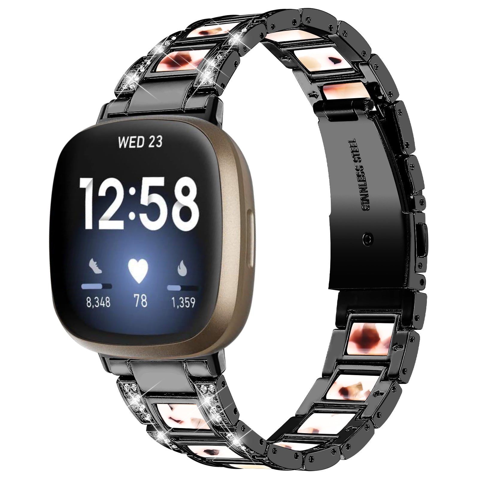 For Fitbit Versa 3 / Sense Stainless Steel Resin Smart Watch Band Replacement Rhinestone Decor Fashionable Wrist Strap - Black / Nougat Pattern