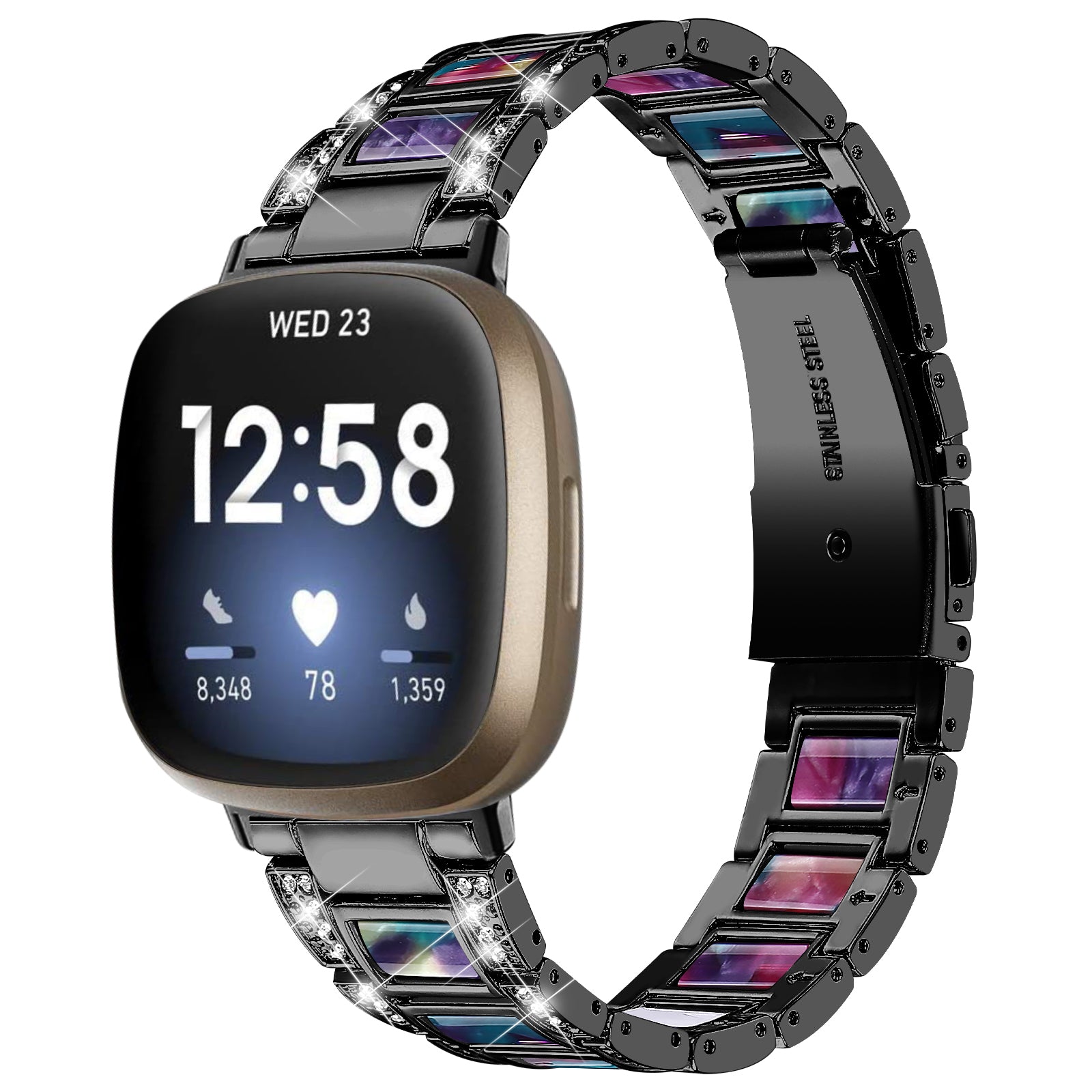 For Fitbit Versa 3 / Sense Stainless Steel Resin Smart Watch Band Replacement Rhinestone Decor Fashionable Wrist Strap - Black / Purple Green Mix