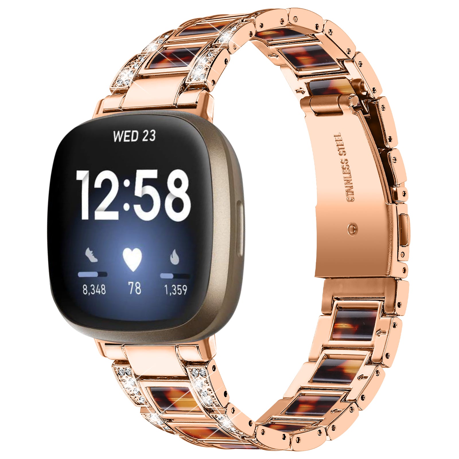 For Fitbit Versa 3 / Sense Stainless Steel Resin Smart Watch Band Replacement Rhinestone Decor Fashionable Wrist Strap - Rose Gold / Tortoiseshell Color