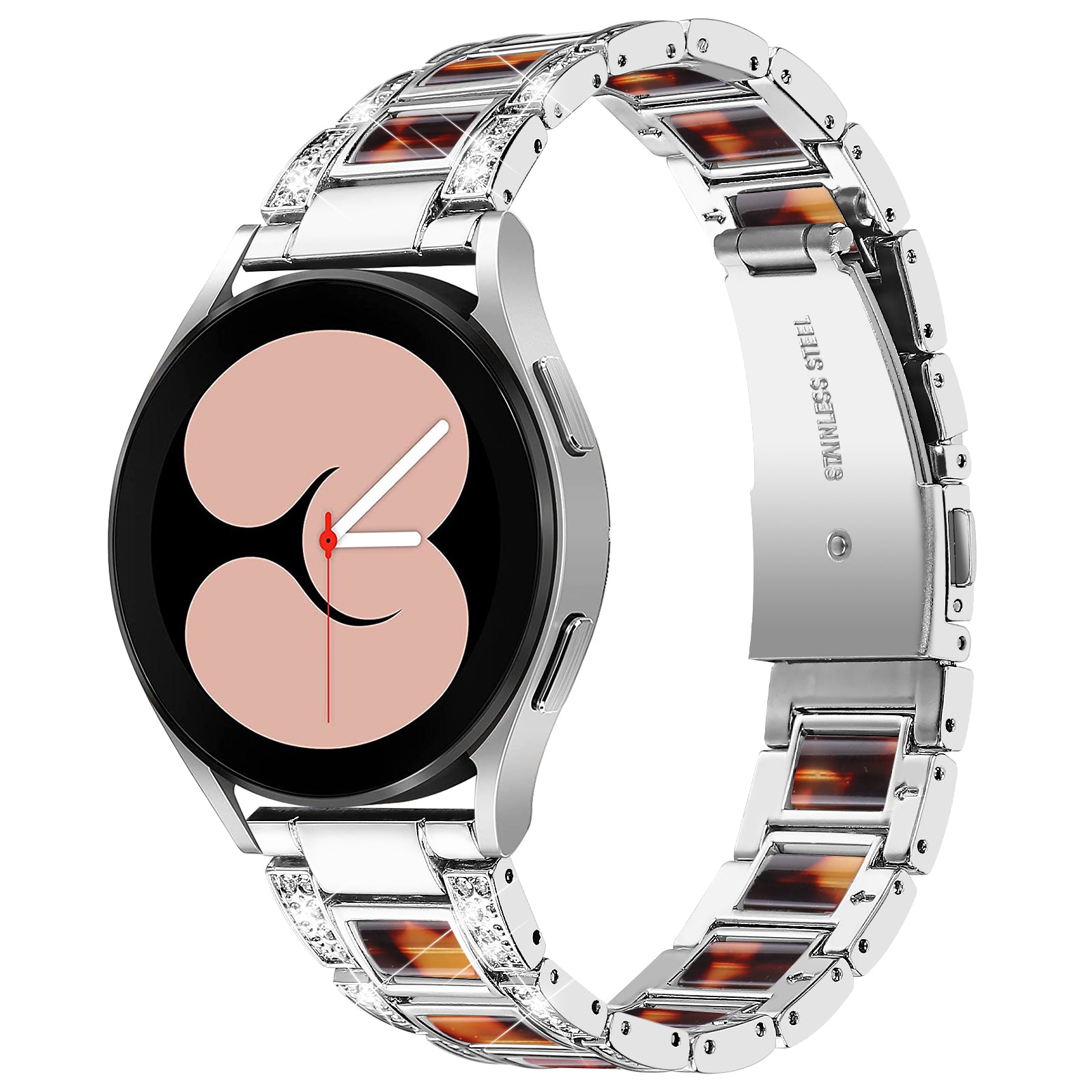 For Samsung Galaxy Watch4 Active 40mm/44mm/Watch4 Classic 42mm/46mm Stylish Rhinestone Decor Stainless Steel Resin Watch Band Wrist Strap - Silver/Tortoiseshell Color
