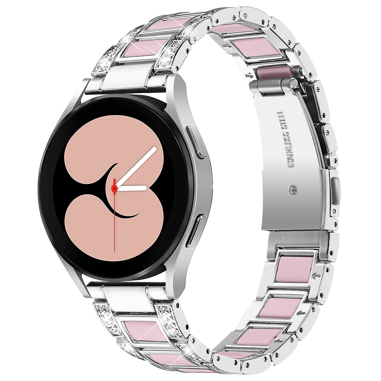 For Samsung Galaxy Watch4 Active 40mm/44mm/Watch4 Classic 42mm/46mm Stylish Rhinestone Decor Stainless Steel Resin Watch Band Wrist Strap - Silver/Pink