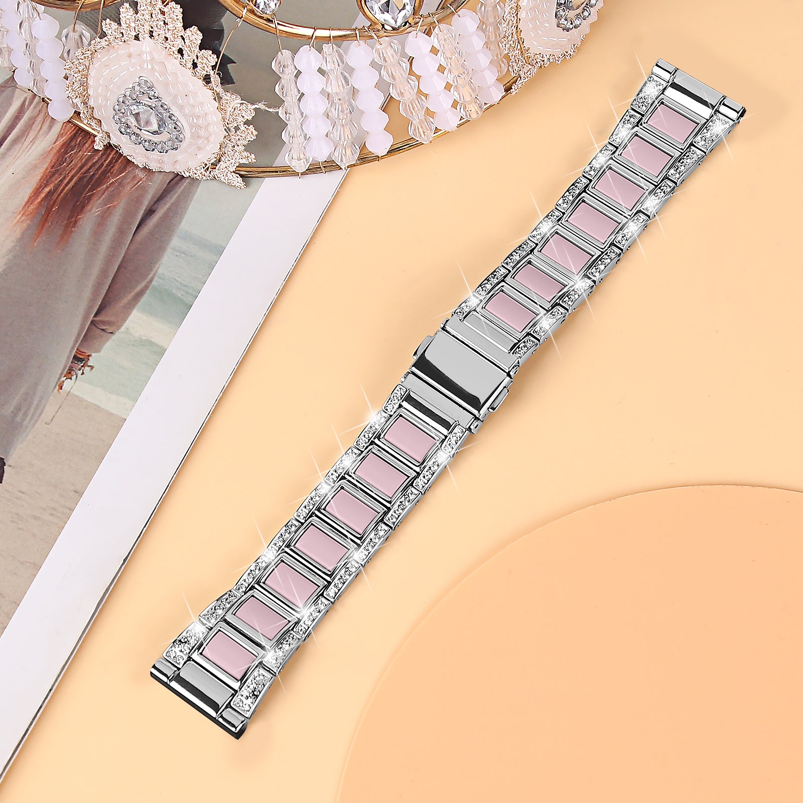 For Samsung Galaxy Watch4 Active 40mm/44mm/Watch4 Classic 42mm/46mm Stylish Rhinestone Decor Stainless Steel Resin Watch Band Wrist Strap - Silver/Pink