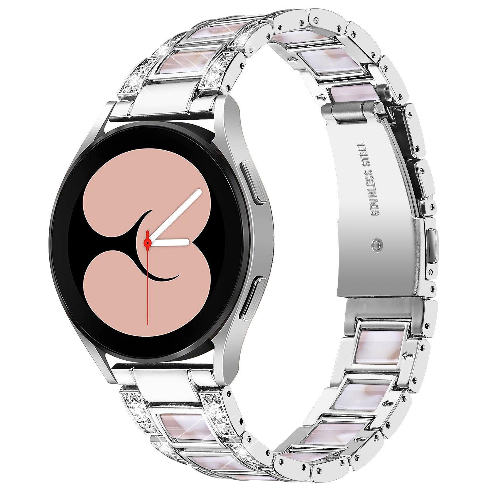 For Samsung Galaxy Watch4 Active 40mm/44mm/Watch4 Classic 42mm/46mm Stylish Rhinestone Decor Stainless Steel Resin Watch Band Wrist Strap - Silver/Pink Mix