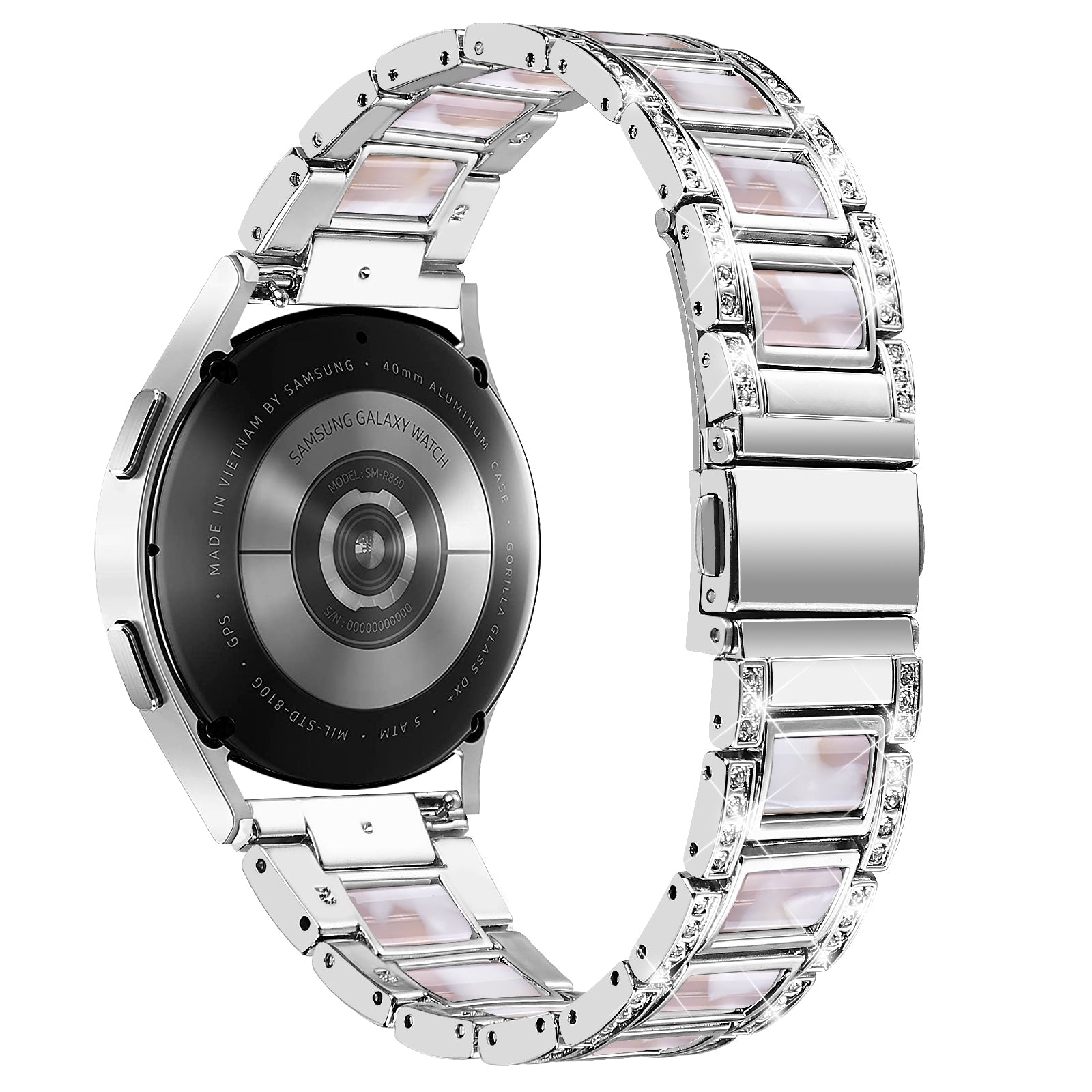 For Samsung Galaxy Watch4 Active 40mm/44mm/Watch4 Classic 42mm/46mm Stylish Rhinestone Decor Stainless Steel Resin Watch Band Wrist Strap - Silver/Pink Mix