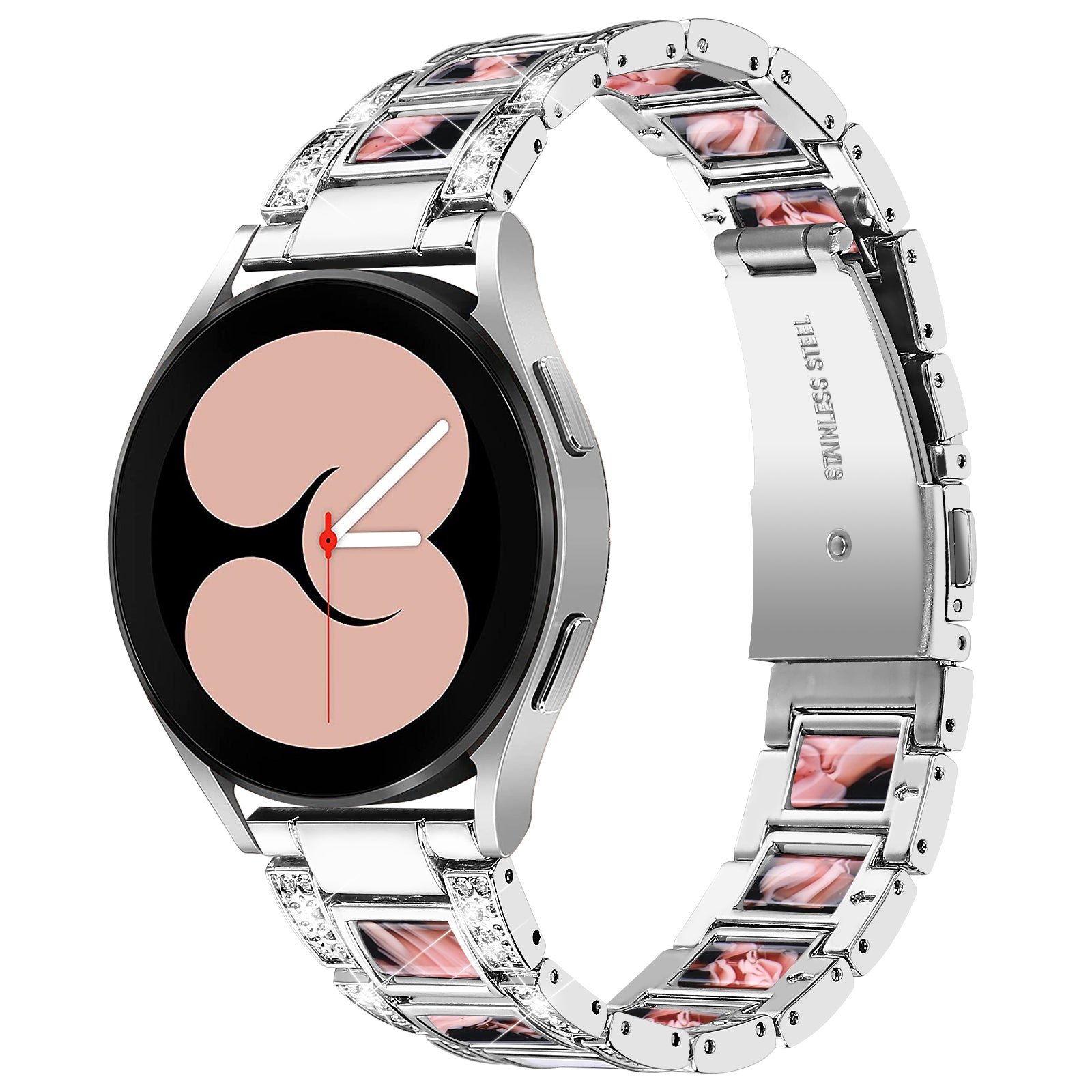 For Samsung Galaxy Watch4 Active 40mm/44mm/Watch4 Classic 42mm/46mm Stylish Rhinestone Decor Stainless Steel Resin Watch Band Wrist Strap - Silver/Black Pink Mix