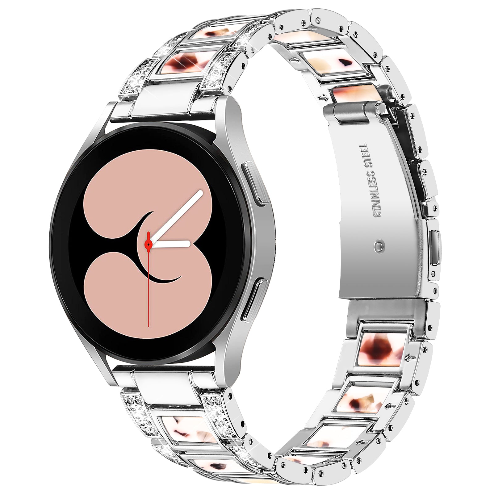 For Samsung Galaxy Watch4 Active 40mm/44mm/Watch4 Classic 42mm/46mm Stylish Rhinestone Decor Stainless Steel Resin Watch Band Wrist Strap - Silver/Nougat Pattern