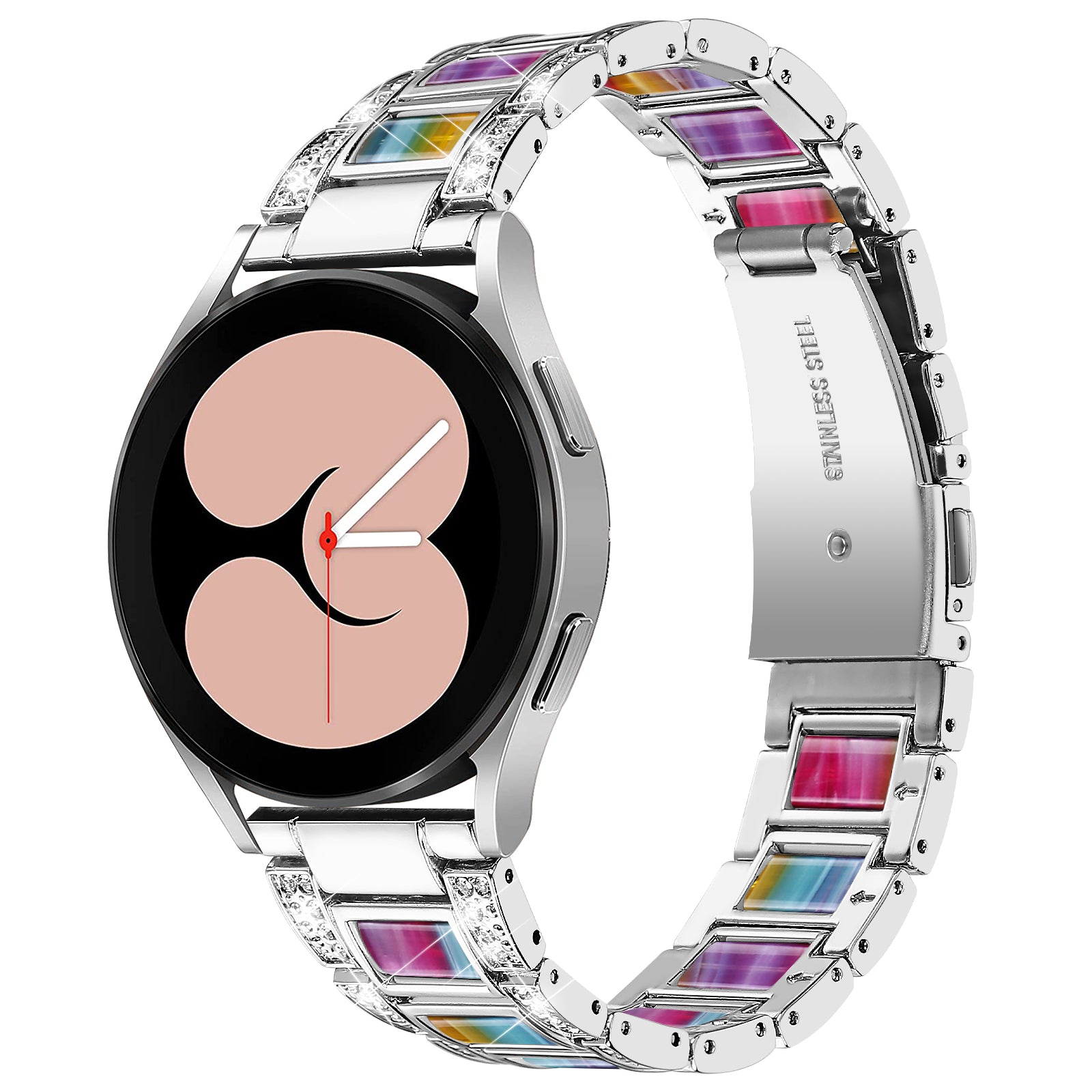 For Samsung Galaxy Watch4 Active 40mm/44mm/Watch4 Classic 42mm/46mm Stylish Rhinestone Decor Stainless Steel Resin Watch Band Wrist Strap - Silver/Colorful