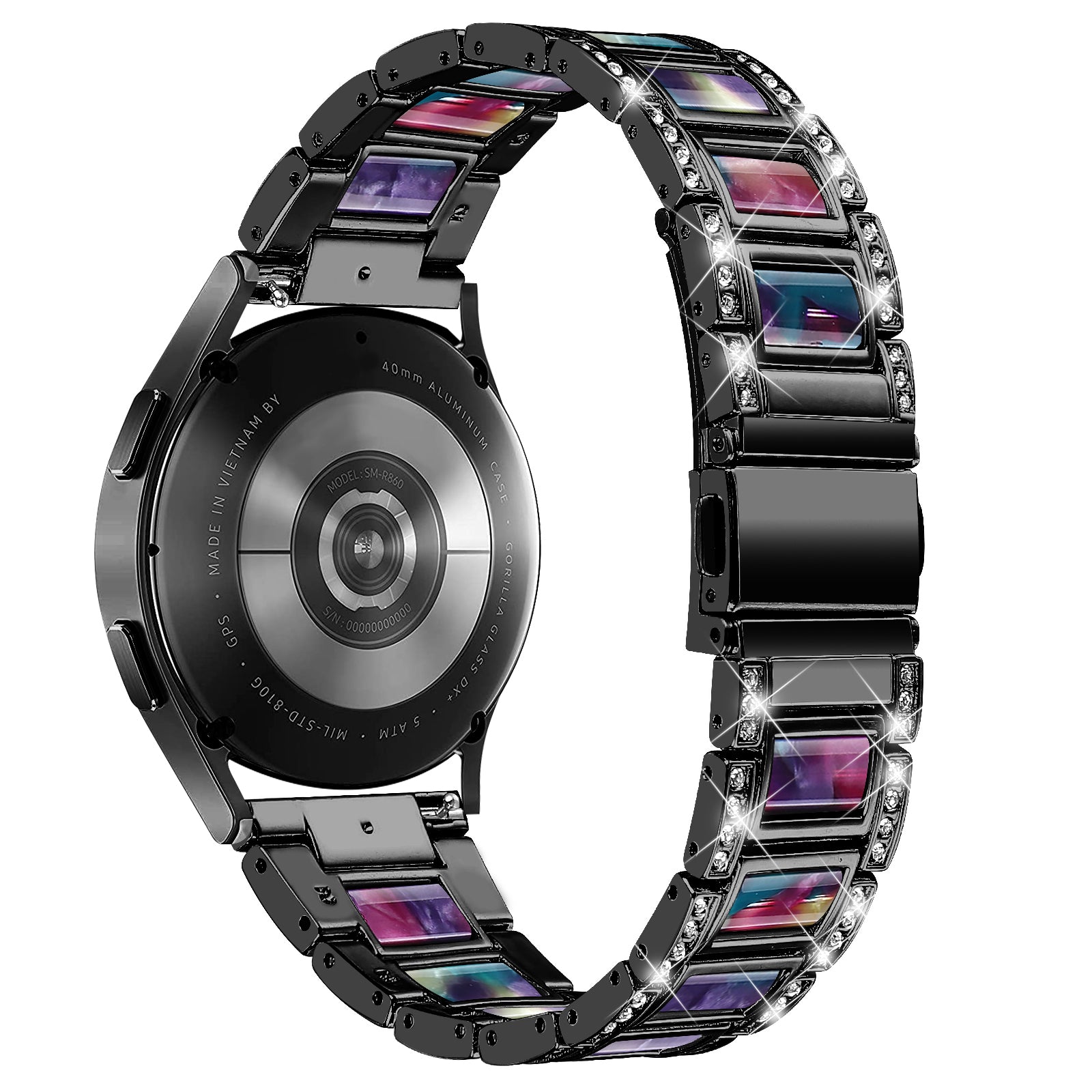 For Samsung Galaxy Watch4 Active 40mm/44mm/Watch4 Classic 42mm/46mm Stainless Steel Resin Watch Band Wrist Strap with Rhinestone Decor - Black/Purple Green Mix