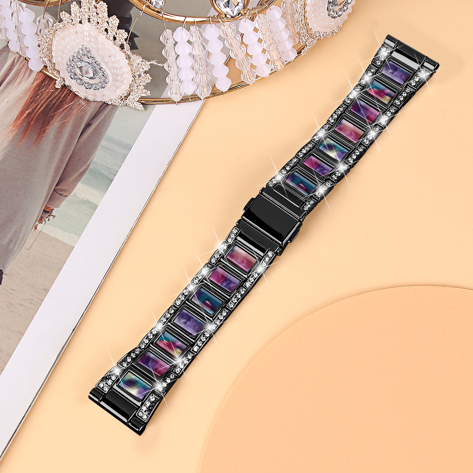 For Samsung Galaxy Watch4 Active 40mm/44mm/Watch4 Classic 42mm/46mm Stainless Steel Resin Watch Band Wrist Strap with Rhinestone Decor - Black/Purple Green Mix