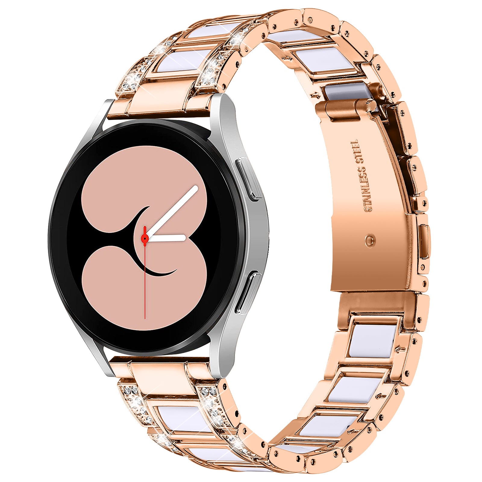 For Samsung Galaxy Watch4 Active 40mm/44mm/Watch4 Classic 42mm/46mm Stainless Steel Resin Watch Band Wrist Strap with Rhinestone Decor - Rose Gold/White
