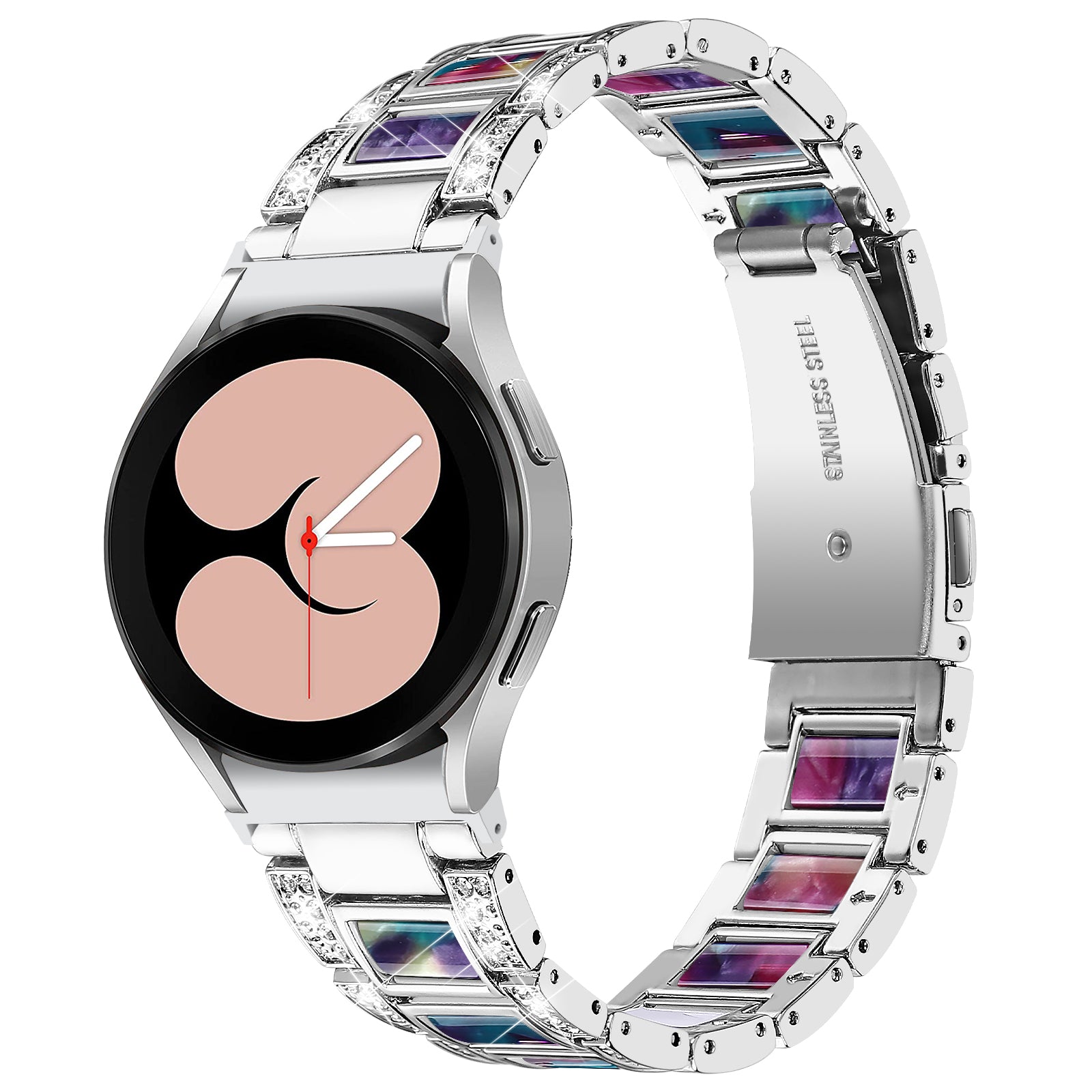 For Samsung Galaxy Watch4 Active 40mm/44mm/Watch4 Classic 42mm/46mm Shiny Rhinestone Watch Strap Stainless Steel Resin Wrist Band Replacement - Silver/Colorful