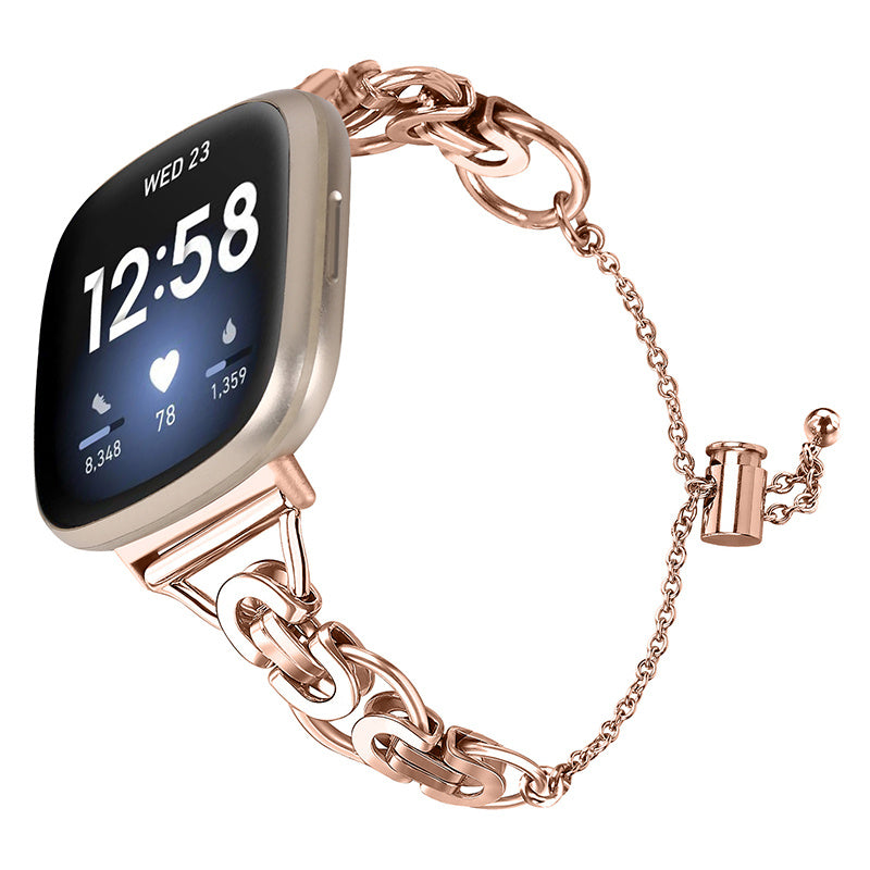 For Fitbit Versa 3/Fitbit Sense Stainless Steel Watch Band Replacement Single Circle Design Wrist Strap 20mm - Rose Gold