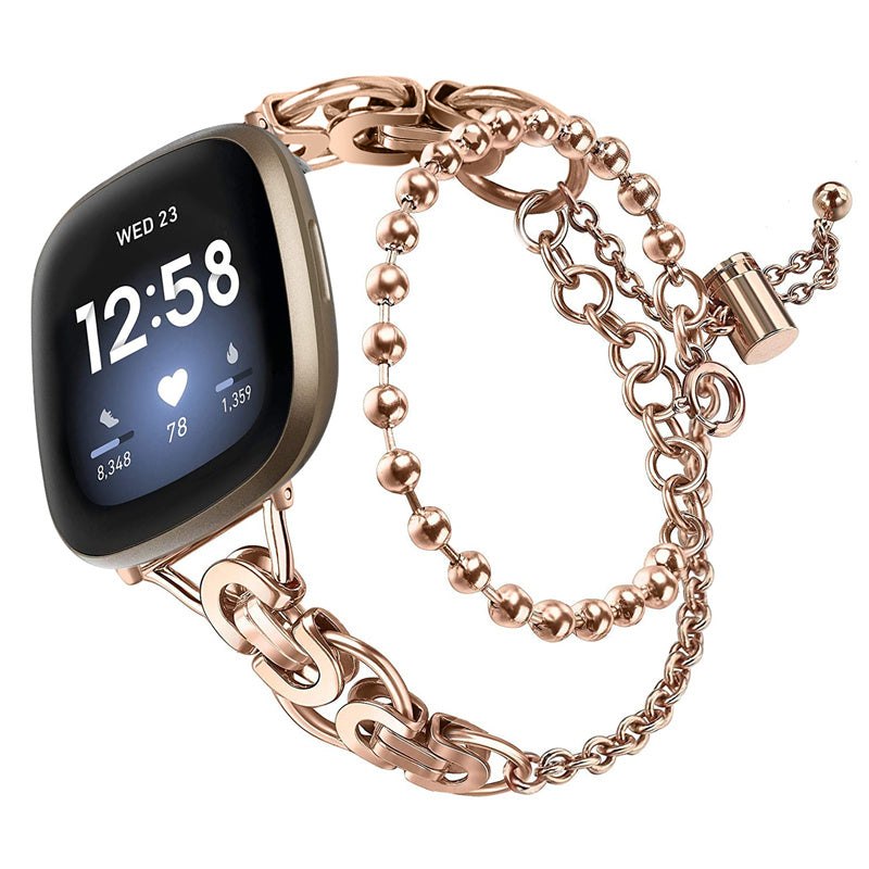 For Fitbit Versa 3/Fitbit Sense Stainless Steel Double Circle Design Hollow Out Smart Watch Band Wrist Strap 20mm - Rose Gold