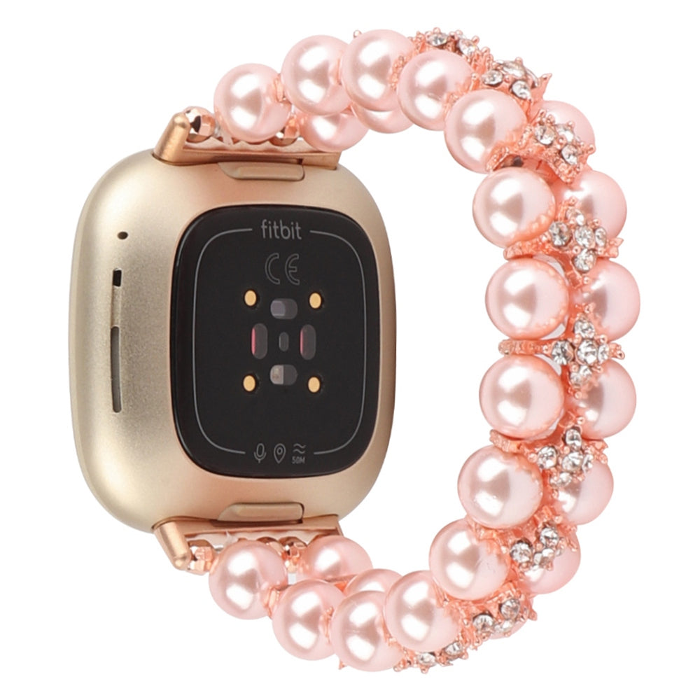For Fitbit Versa 3 / Sense Two Rows Rhinestone Pearl Bracelet Wrist Strap Replacement Smart Watch Band - Pink