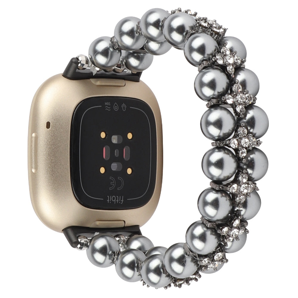 For Fitbit Versa 3 / Sense Two Rows Rhinestone Pearl Bracelet Wrist Strap Replacement Smart Watch Band - Black