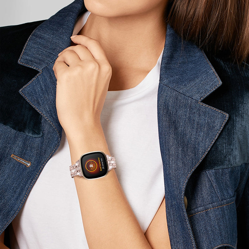 For Fitbit Versa 3 / Fitbit Sense Rhinestone Decor Metal Smart Watch Band Buckle Design Watch Strap - Rose Pink