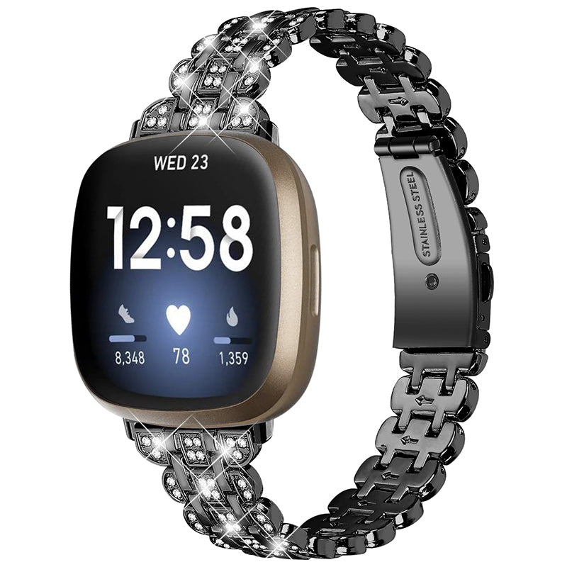 For Fitbit Versa 3 / Fitbit Sense Rhinestone Decor Metal Smart Watch Band Buckle Design Watch Strap - Black