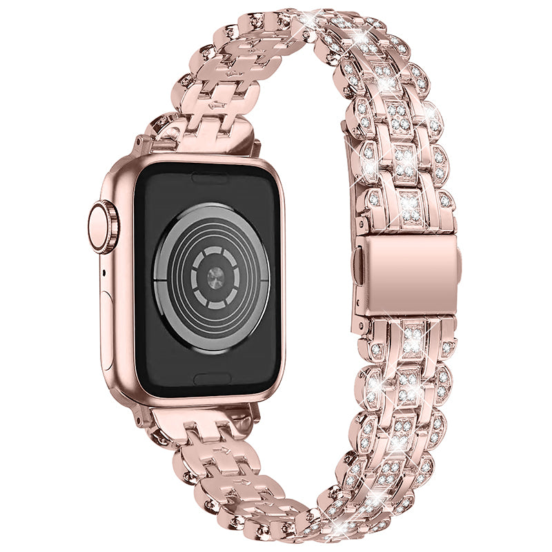 For Apple Watch Ultra 49mm / Series 8 45mm / 7 45mm / 4 / 5 / 6 / SE 44mm / SE (2022) 44mm / 1 / 2 / 3 42mm Watch Strap Stainless Steel Rhinestone Decor Wrist Band - Pink / Gold