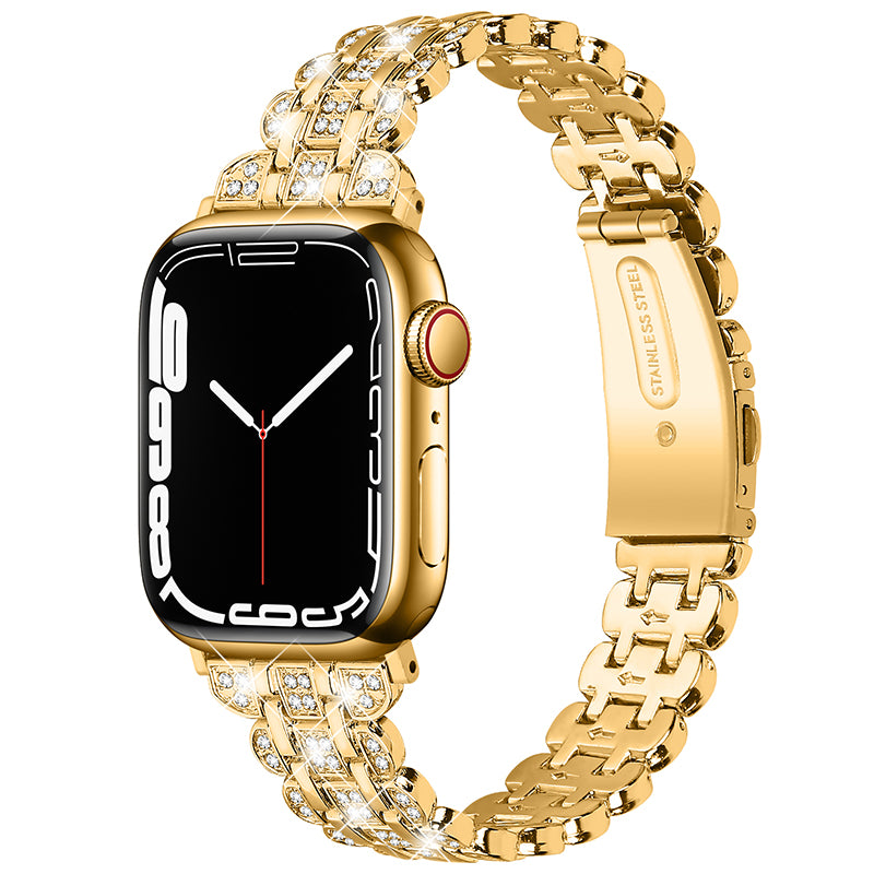 For Apple Watch Ultra 49mm / Series 8 45mm / 7 45mm / 4 / 5 / 6 / SE 44mm / SE (2022) 44mm / 1 / 2 / 3 42mm Watch Strap Stainless Steel Rhinestone Decor Wrist Band - Gold
