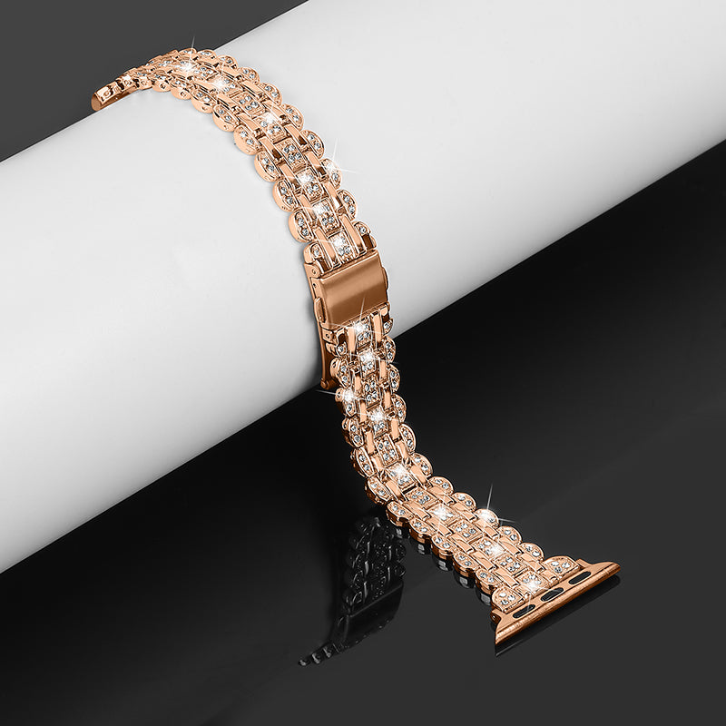For Apple Watch Ultra 49mm / Series 8 45mm / 7 45mm / 4 / 5 / 6 / SE 44mm / SE (2022) 44mm / 1 / 2 / 3 42mm Watch Strap Stainless Steel Rhinestone Decor Wrist Band - Rose Gold