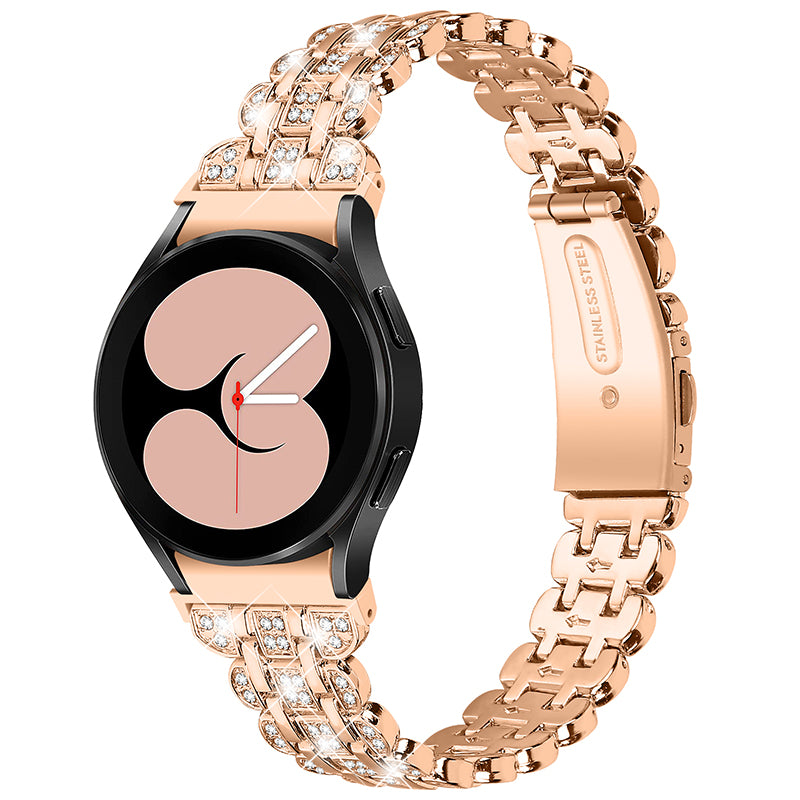 For Samsung Galaxy Watch4 Active 40mm / 44mm / Watch4 Classic 42mm / 46mm Stainless Steel Rhinestone Decor Smart Watch Strap Wrist Band with Folding Clasp - Rose Gold