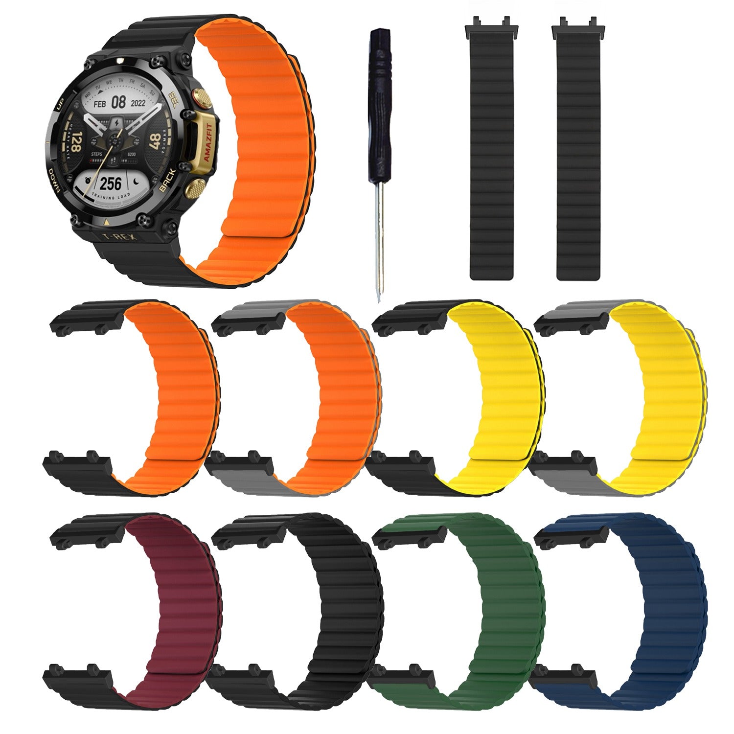 Magnetic Sweat-proof Watch Band for Huami Amazfit T-Rex 2 Adjustable Silicone Wrist Strap Dual-Color Design - Black