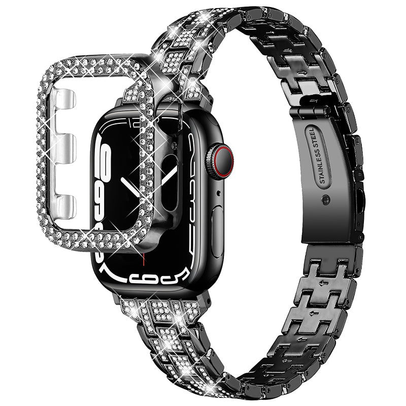 For Apple Watch Series 7 41mm 5 Rows Stainless Steel Rhinestone Decor Dual-layer Clasp Watch Band + PC Watch Case - Black