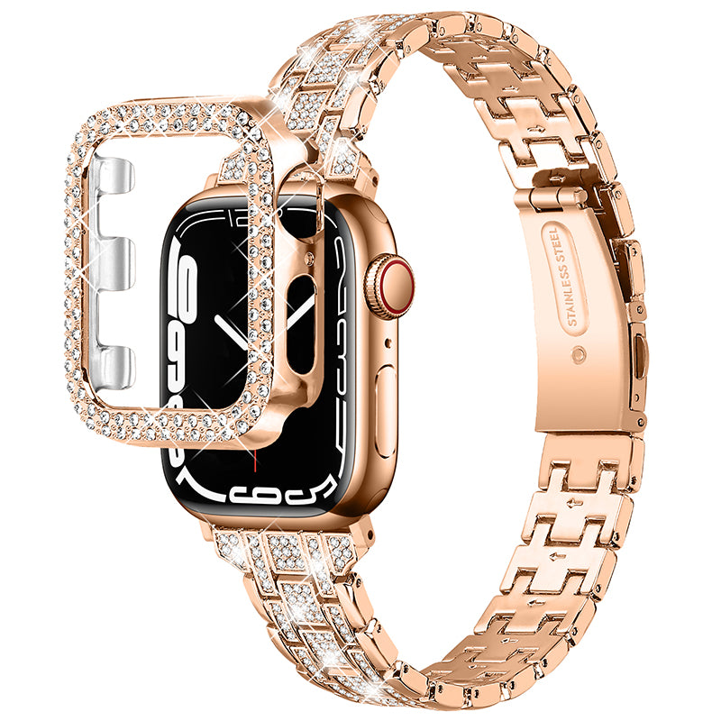 For Apple Watch Series 7 41mm 5 Rows Stainless Steel Rhinestone Decor Dual-layer Clasp Watch Band + PC Watch Case - Rose Gold