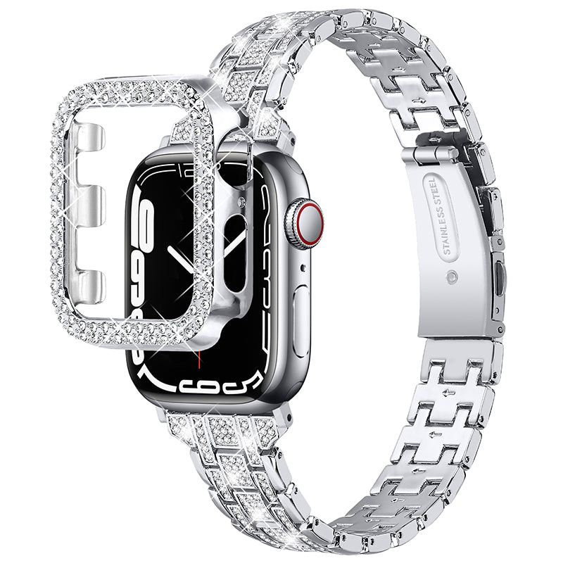 For Apple Watch Series 7 41mm 5 Rows Stainless Steel Rhinestone Decor Dual-layer Clasp Watch Band + PC Watch Case - Silver