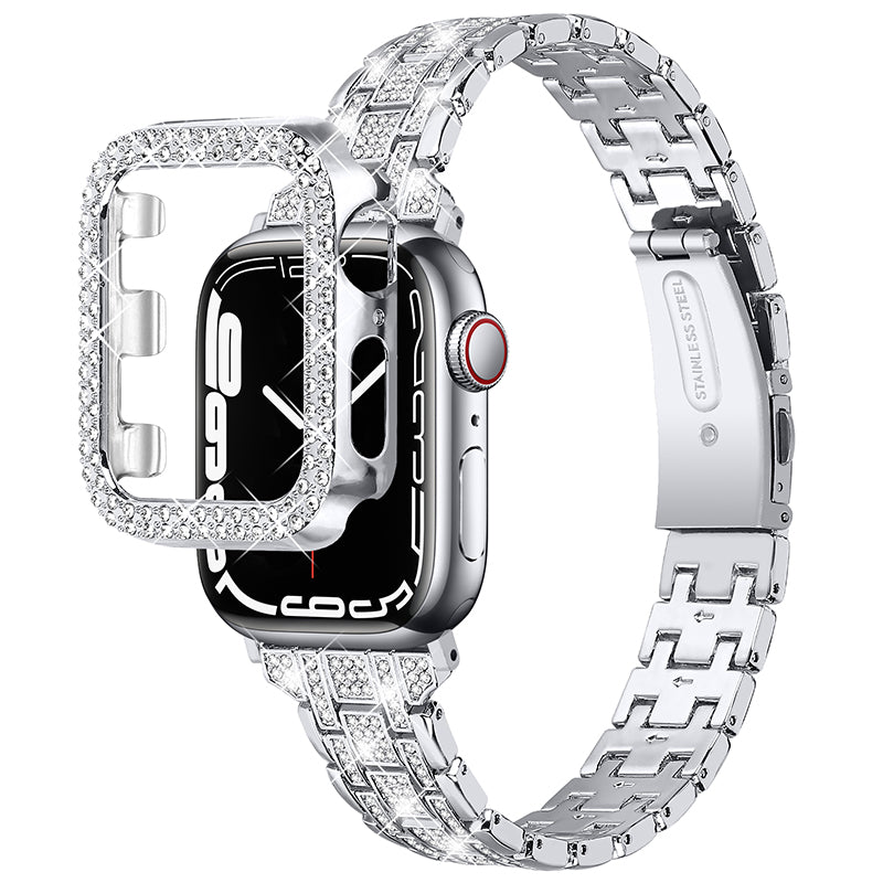 For Apple Watch Series 1 / 2 / 3 38mm 5 Rows Stainless Steel Rhinestone Decor Watch Band + Hard PC Hollow-out Watch Case - Silver