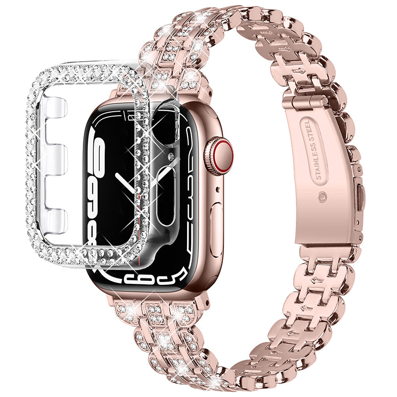 For Apple Watch Series 7 45mm Hard PC Anti-drop Watch Case + Rhinestone Decor Stainless Steel Wrist Strap Watch Band - Pink / Gold