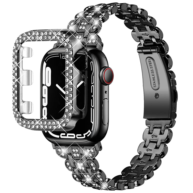 For Apple Watch Series 7 45mm Hard PC Anti-drop Watch Case + Rhinestone Decor Stainless Steel Wrist Strap Watch Band - Black
