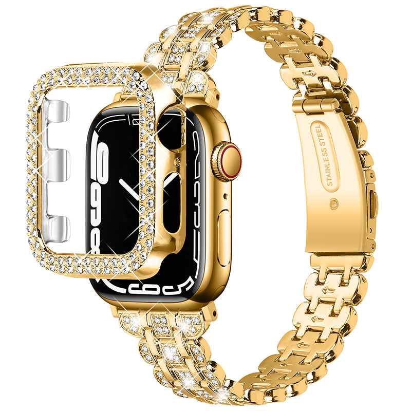 For Apple Watch Series 7 41mm Hard PC Watch Case + Rhinestone Decor Watch Band Stainless Steel Wrist Strap - Gold