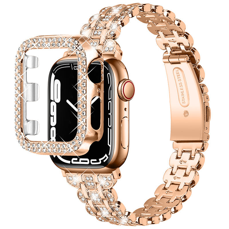 For Apple Watch Series 7 41mm Hard PC Watch Case + Rhinestone Decor Watch Band Stainless Steel Wrist Strap - Rose Gold