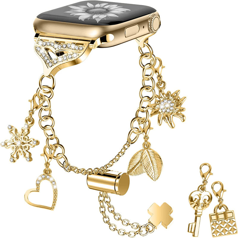 For Apple Watch Ultra 49mm / Series 8 45mm / 7 45mm / SE 44mm / SE (2022) 44mm / Series 6 / 5 / 4 44mm / Series 3 / 2 / 1 42mm Smart Watch Band Multiple Pendant Design Bracelet Wrist Strap - Gold