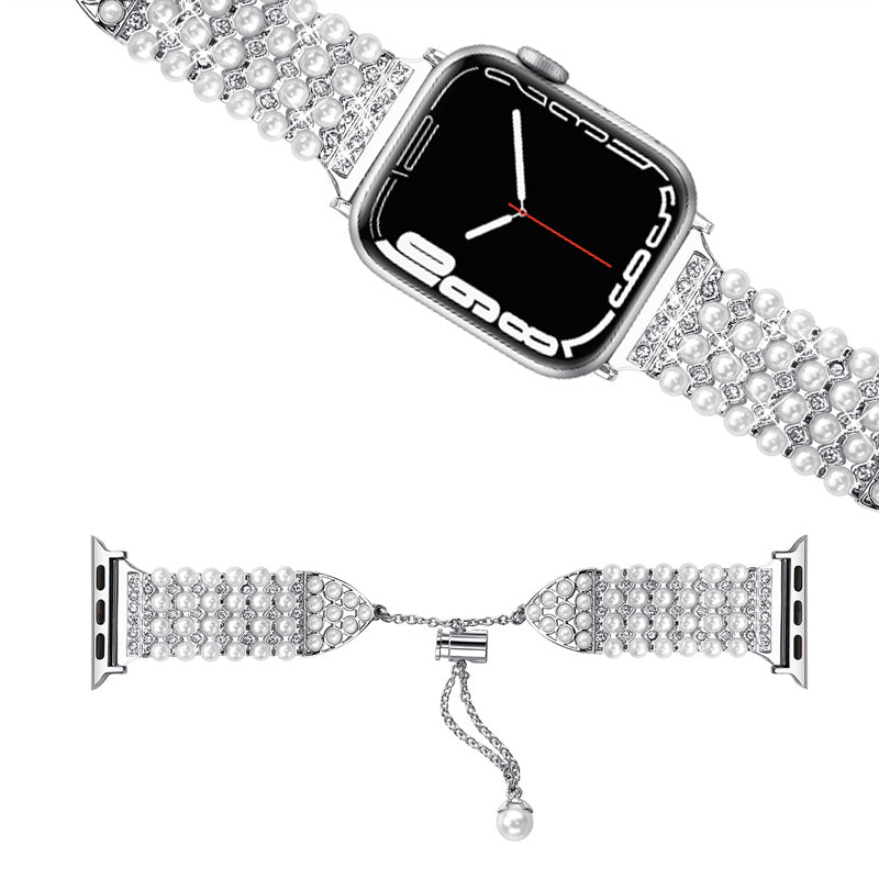 For Apple Watch Series 8 41mm / Series 7 41mm / Series 5 4 SE / SE(2022) 6 40mm / Series 1 2 3 38mm Easy Adjustment Watch Band Pearl Decor Replacement Wrist Strap - Silver