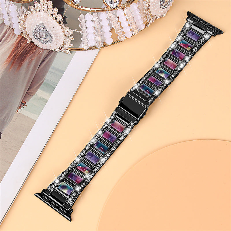 For Apple Watch Ultra 49mm / Series 8 45mm / 7 45mm / Series 6 / 5 / 4 / SE 44mm / SE (2022) 44mm / Series 3 / 2 / 1 42mm Resin Watch Band Rhinestone Decor Replacement Stainless Steel Strap - Black / Purple Green Mix - UNIQBUY