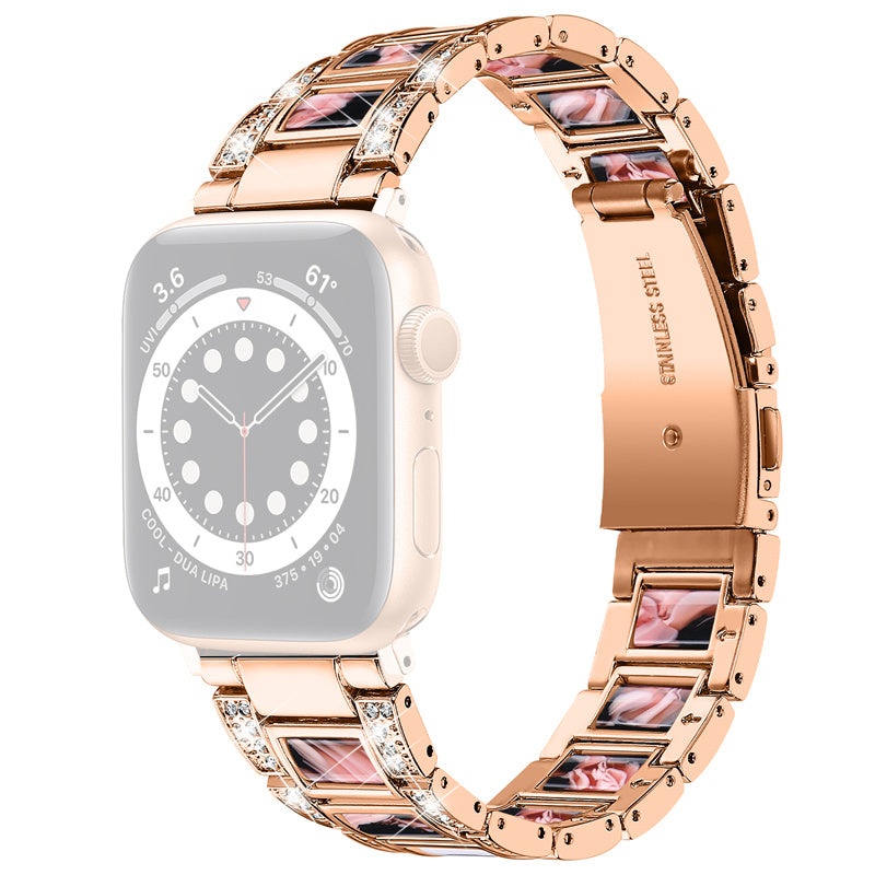 For Apple Watch Ultra 49mm / Series 8 45mm / 7 45mm / Series 6 / 5 / 4 / SE 44mm / SE (2022) 44mm / Series 3 / 2 / 1 42mm Resin Watch Band Rhinestone Decor Replacement Stainless Steel Strap - Rose Gold / Black - UNIQBUY