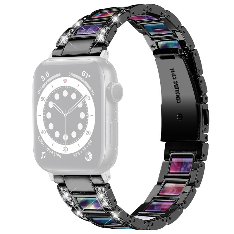 For Apple Watch Series 8 41mm / Series 7 41mm / Series 6 / 5 / 4 / SE / SE(2022) 40mm / Series 3 / 2 / 1 38mm Stainless Steel Watch Band Bling Rhinestone Resin Bracelet Strap Replacement - Black / Purple Green Mix - UNIQBUY