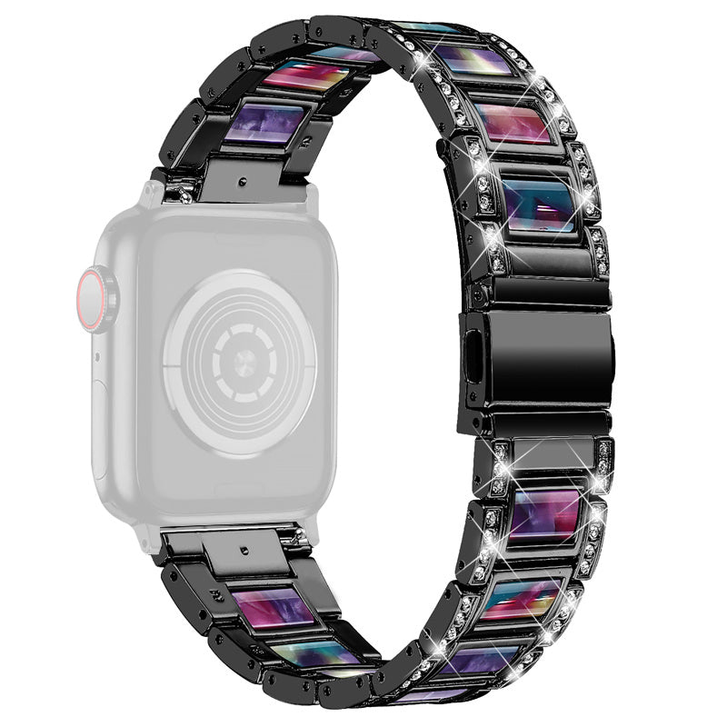 For Apple Watch Series 8 41mm / Series 7 41mm / Series 6 / 5 / 4 / SE / SE(2022) 40mm / Series 3 / 2 / 1 38mm Stainless Steel Watch Band Bling Rhinestone Resin Bracelet Strap Replacement - Black / Purple Green Mix - UNIQBUY