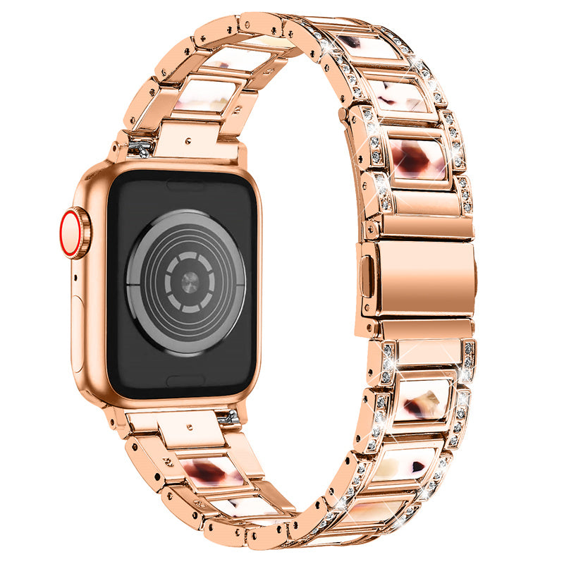 For Apple Watch Series 8 41mm / Series 7 41mm / Series 6 / 5 / 4 / SE / SE(2022) 40mm / Series 3 / 2 / 1 38mm Stainless Steel Watch Band Bling Rhinestone Resin Bracelet Strap Replacement - Rose Gold / Nougat Pattern - UNIQBUY