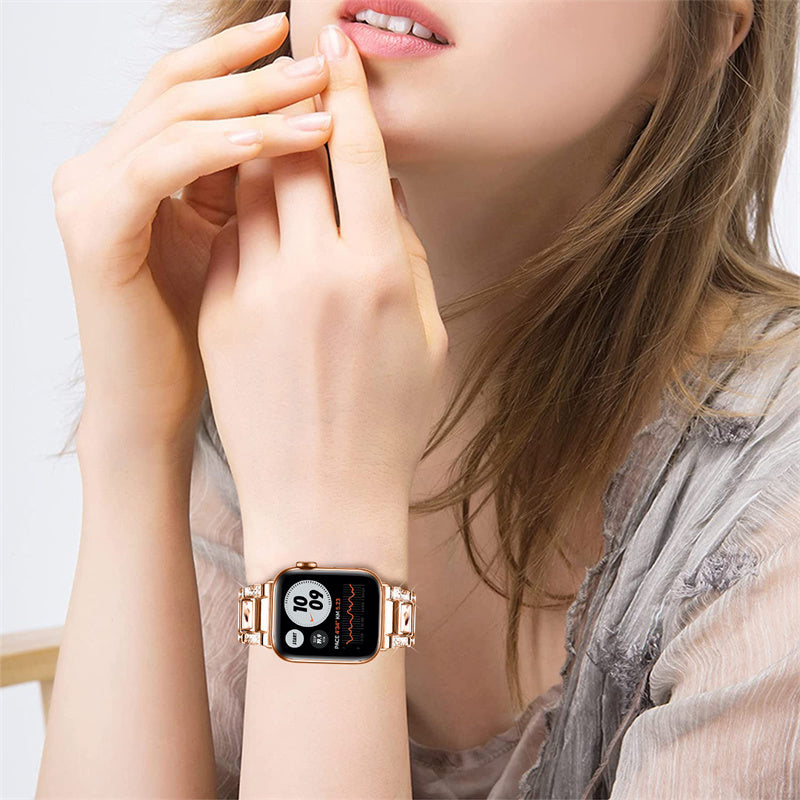 For Apple Watch Series 8 41mm / Series 7 41mm / Series 6 / 5 / 4 / SE / SE(2022) 40mm / Series 3 / 2 / 1 38mm Stainless Steel Watch Band Bling Rhinestone Resin Bracelet Strap Replacement - Rose Gold / Nougat Pattern - UNIQBUY